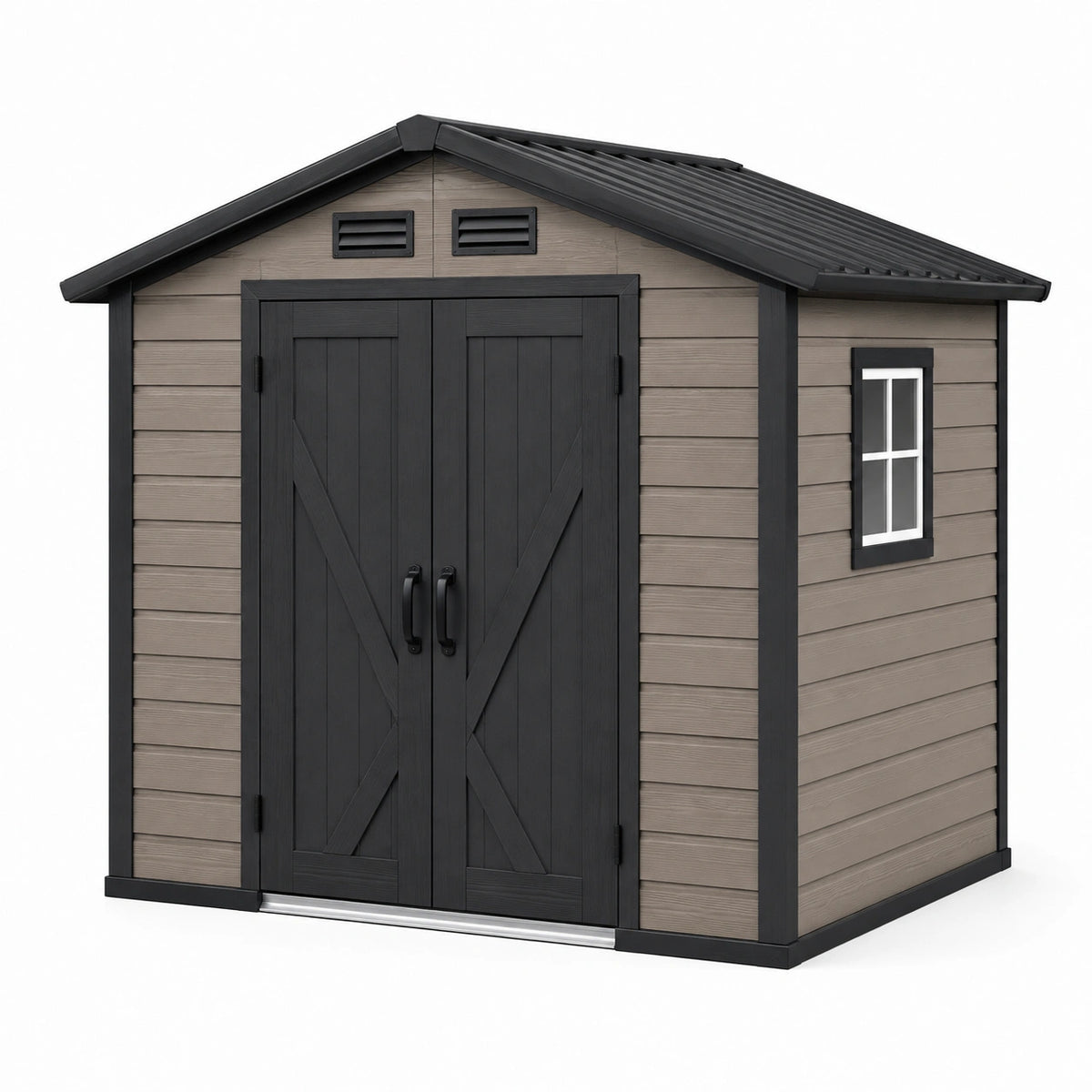 Abri de jardin 213 x 191 x 226 cm en résine taupe et noir avec double porte de rangement
