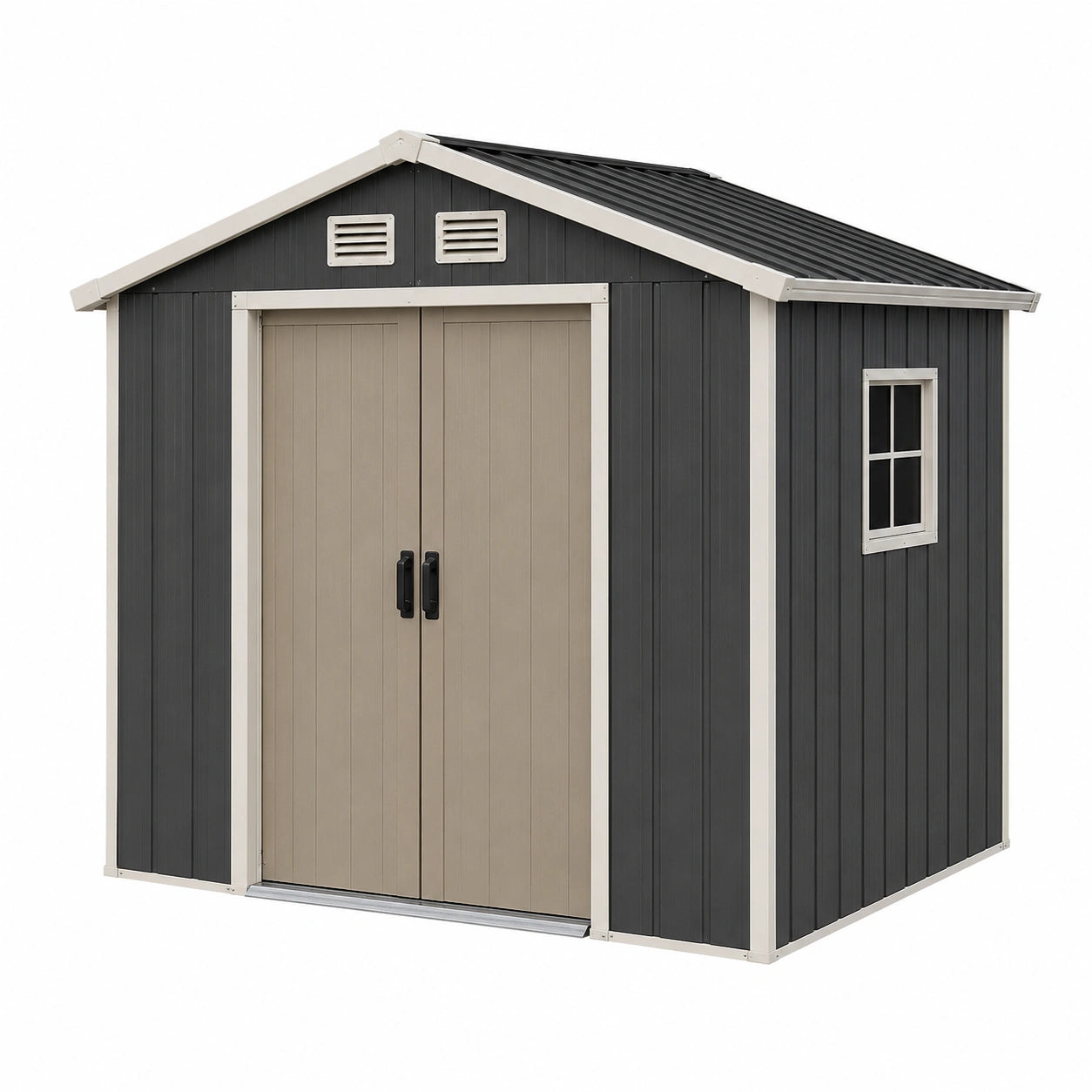 Abri de jardin 238 x 191 x 226 cm en acier anthracite et beige avec double porte et ventilation