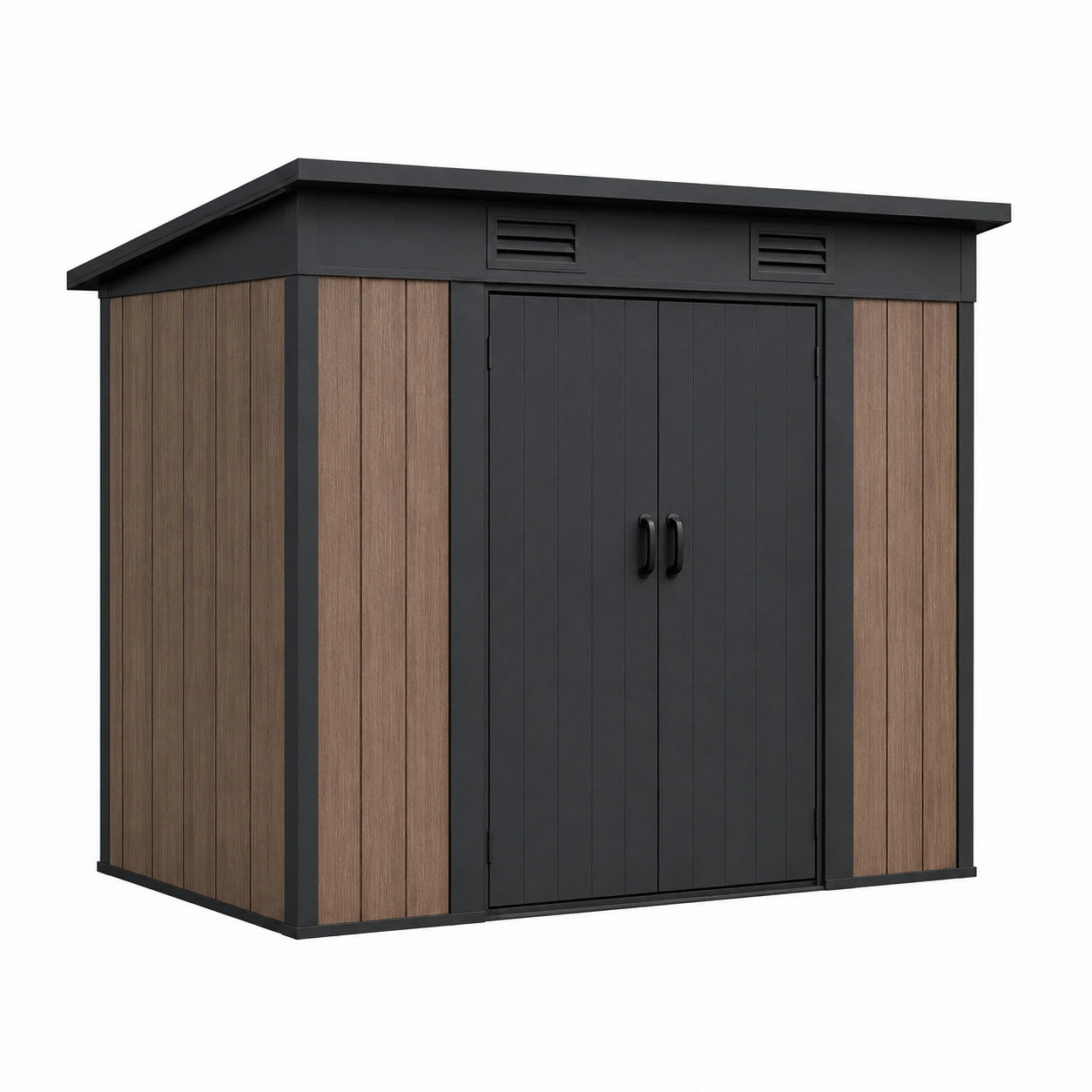 Abri de jardin 200 x 120 x 190 cm en métal noir et aspect bois avec portes doubles ventilées