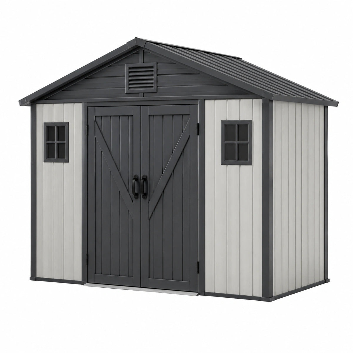 Abri de jardin 183 x 183 x 202 cm en résine gris clair anthracite à double porte ventilé