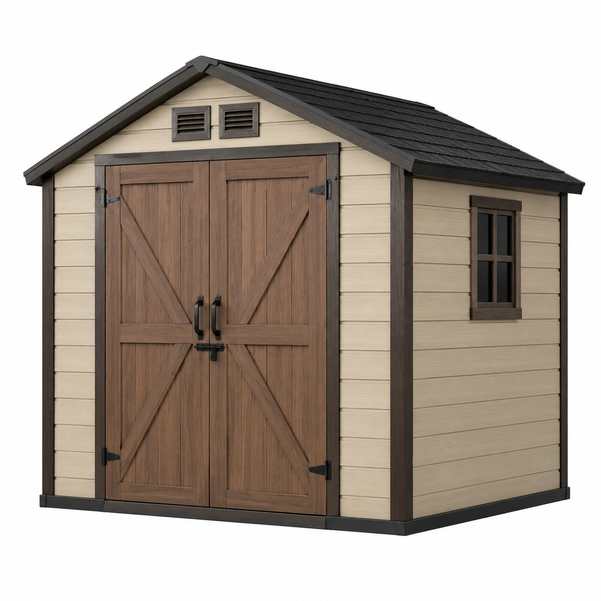 Abri de jardin 240 x 180 x 220 cm en résine beige et marron avec double porte de rangement extérieur