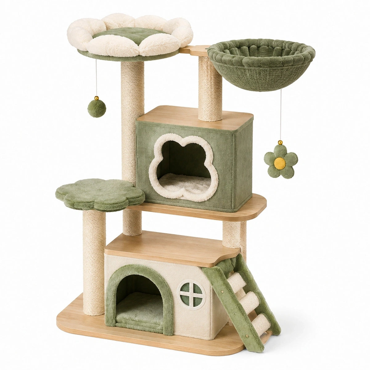 Arbre à chat 60 x 50 x 145 cm en sisal et tissu vert avec niches plateformes et griffoirs
