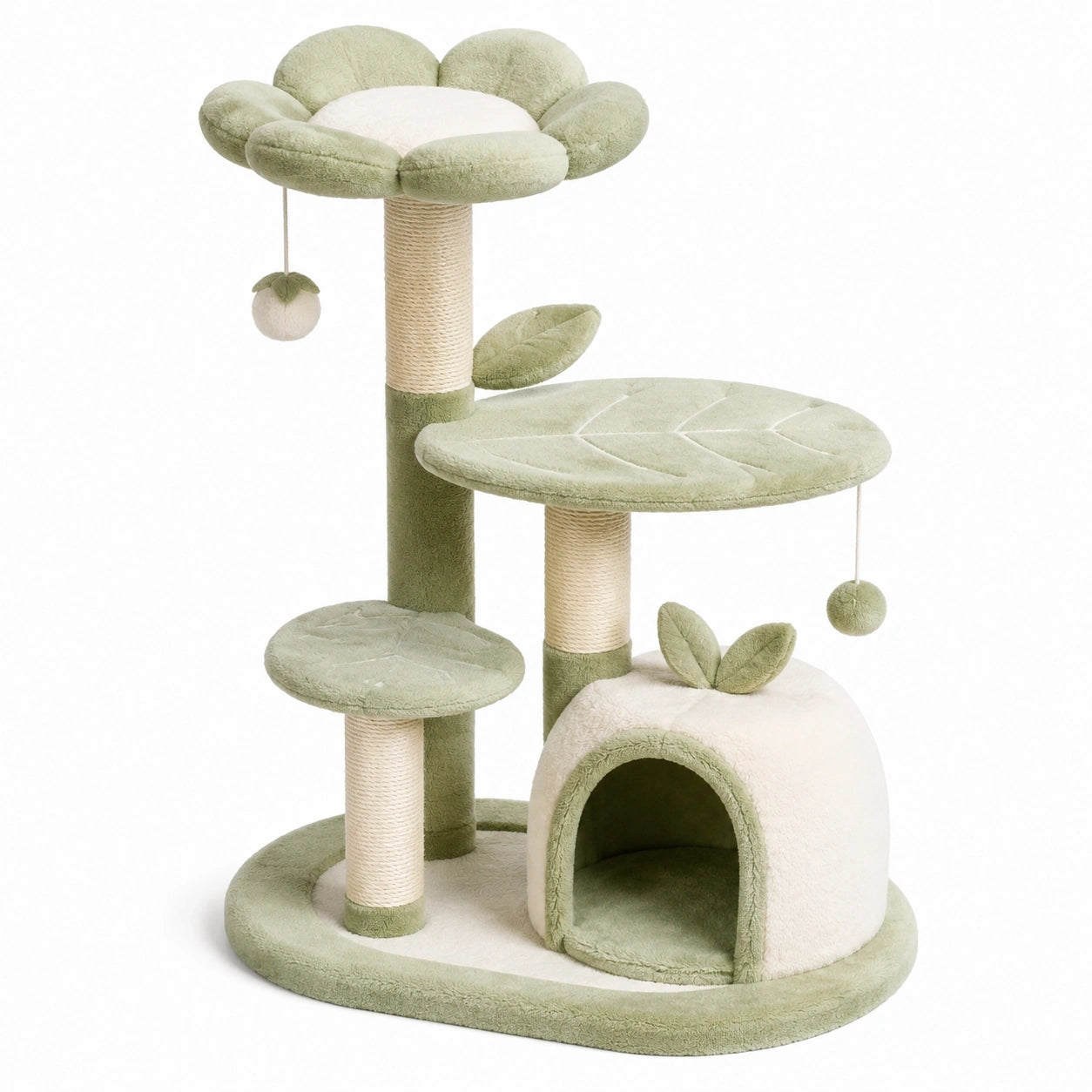 Arbre à chat 50 x 50 x 120 cm en sisal et tissu peluche vert avec niche plateformes et griffoirs