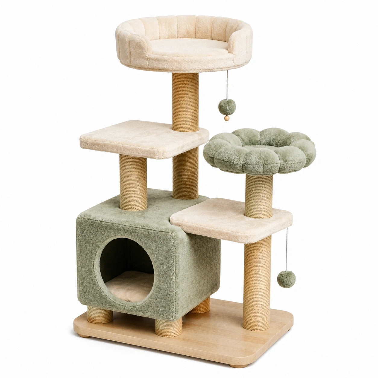 Arbre à chat 60 x 60 x 150 cm en sisal et tissu peluche vert crème avec griffoirs et plateformes
