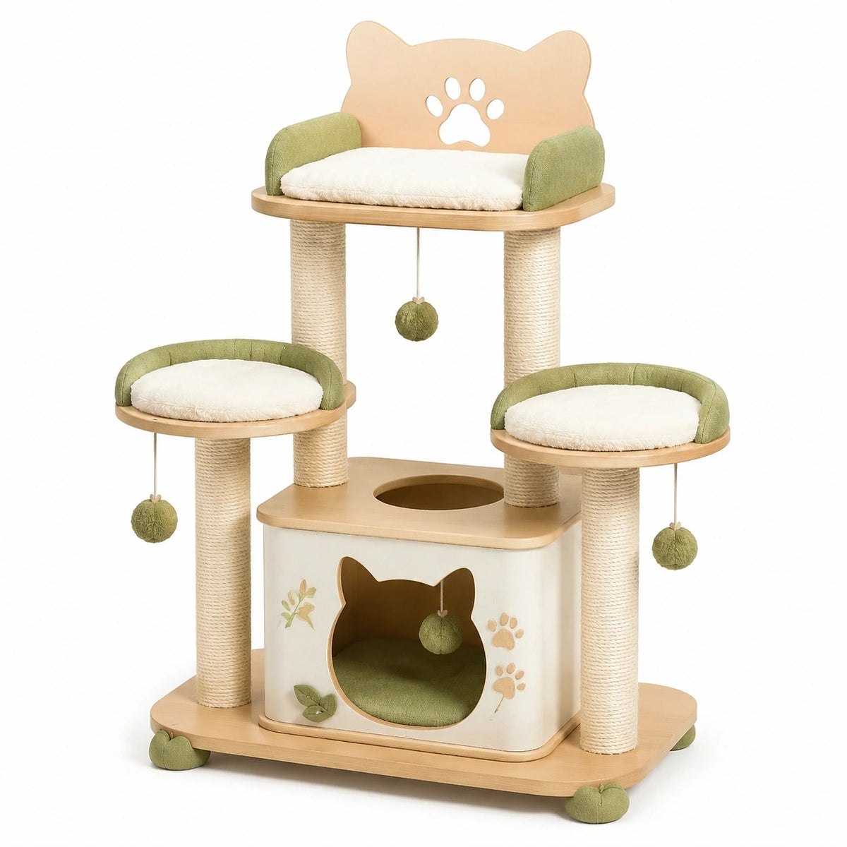 Arbre à chat 80 x 60 x 130 cm en bois beige et vert avec griffoirs et niches