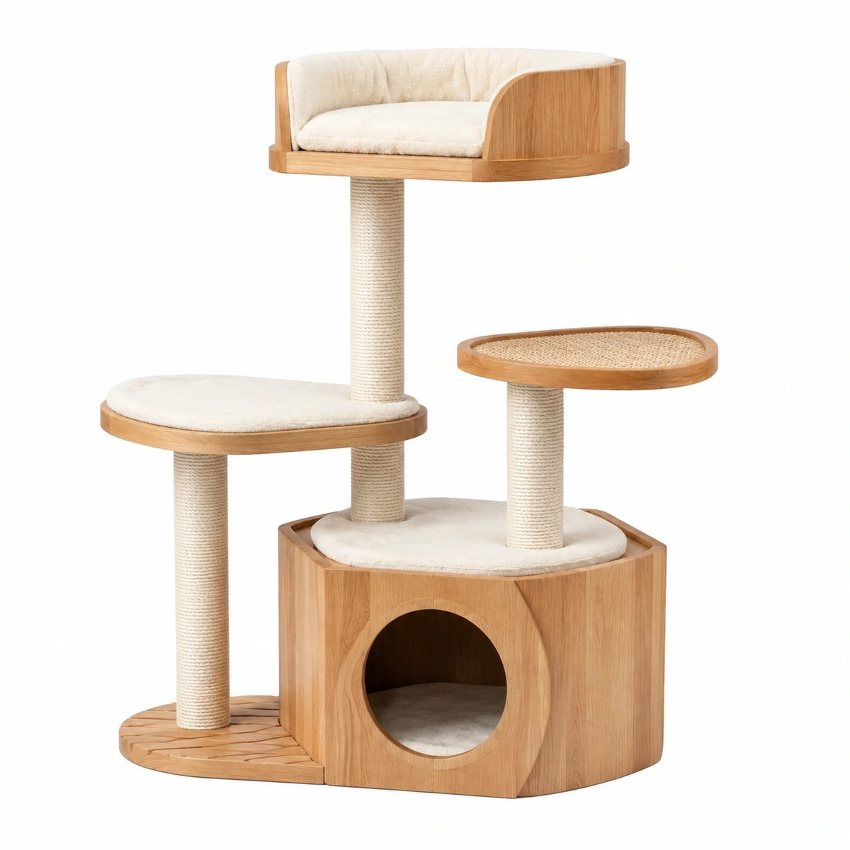 Arbre à chat 120 x 60 x 160 cm en bois beige avec griffoirs et niches