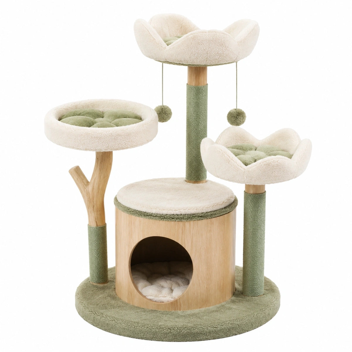 Arbre à chat 52 x 120 cm en bois et sisal vert avec niches et plateformes