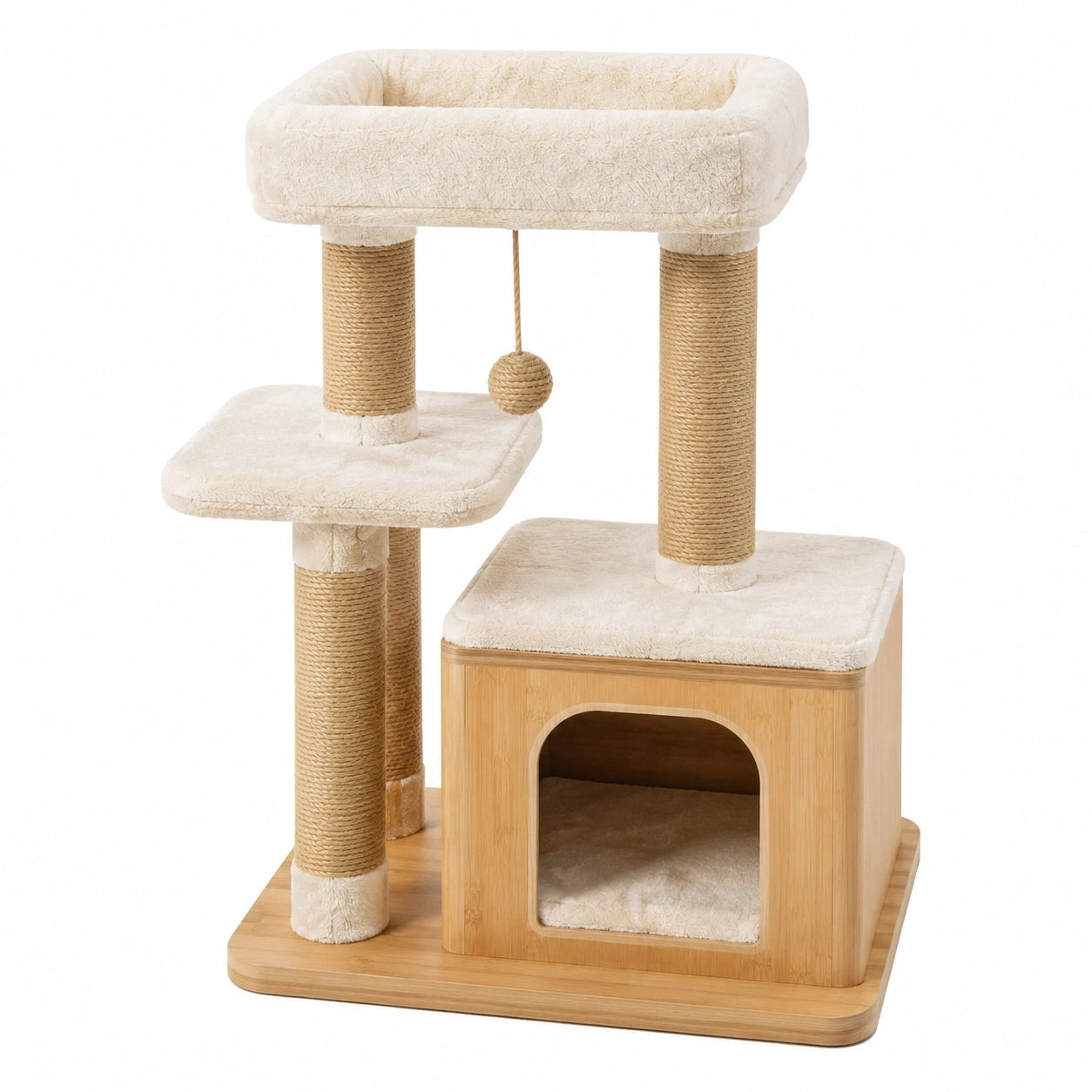 Arbre à chat 50 x 50 x 120 cm en bambou beige avec niche griffoirs et plateformes