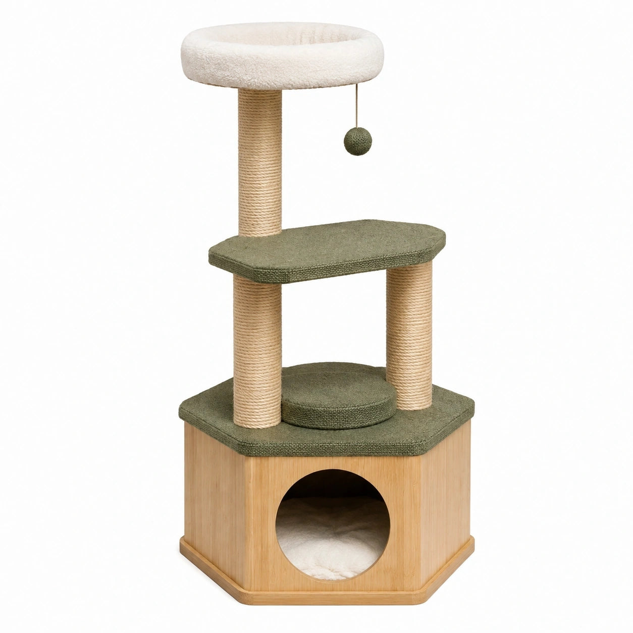 Arbre à chat 50 x 40 x 120 cm en bois et sisal vert avec niche et griffoirs