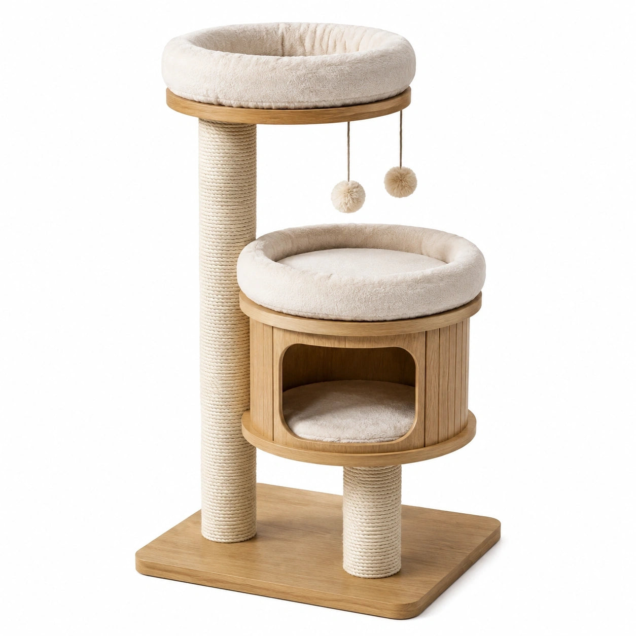 Arbre à chat 60 x 60 x 120 cm en bois et sisal beige avec niches griffoirs et plateformes