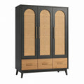 Armoire de rangement 120 x 45 x 190 cm en bois noir et naturel avec cannage style bohème