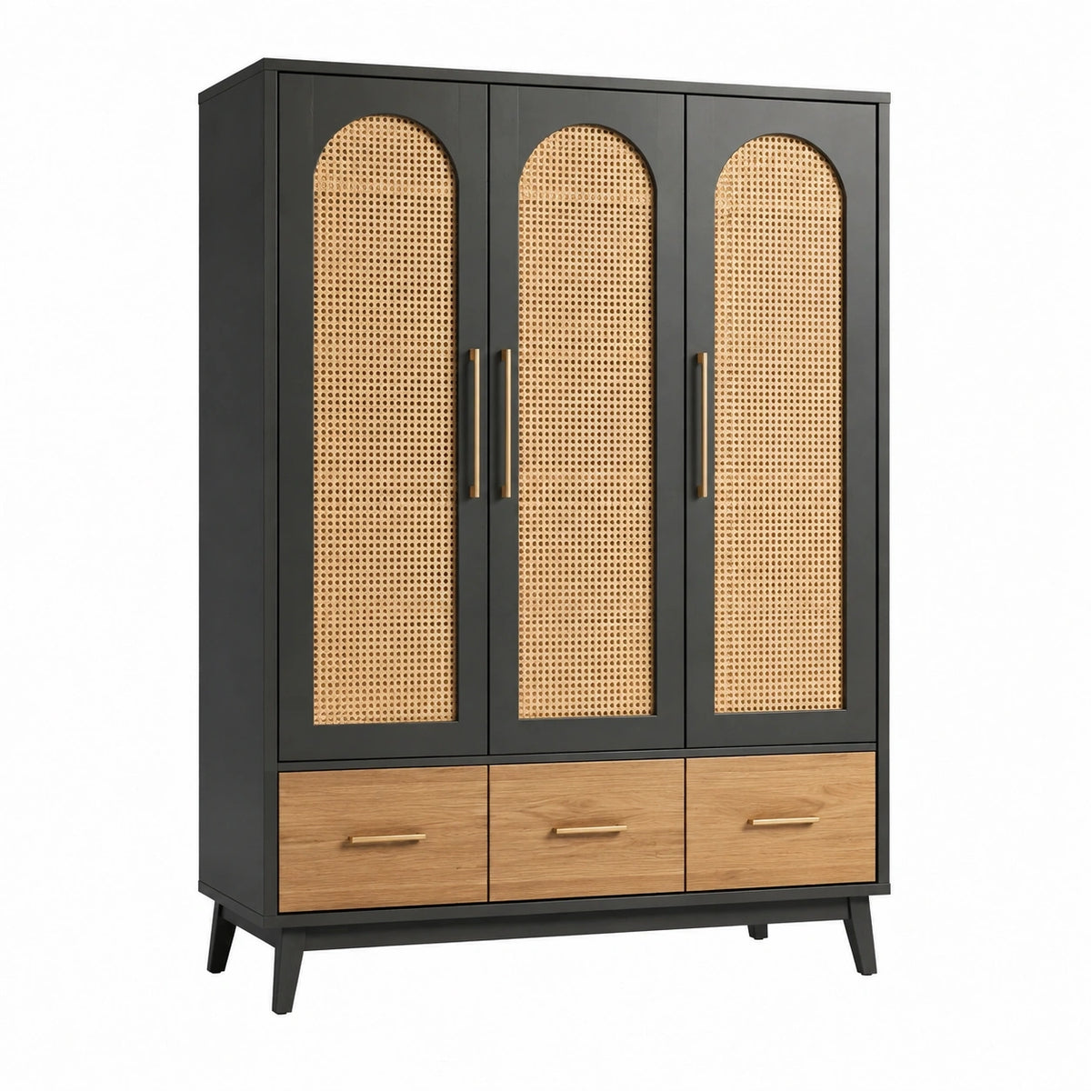 Armoire de rangement 120 x 45 x 190 cm en bois noir et naturel avec cannage style bohème