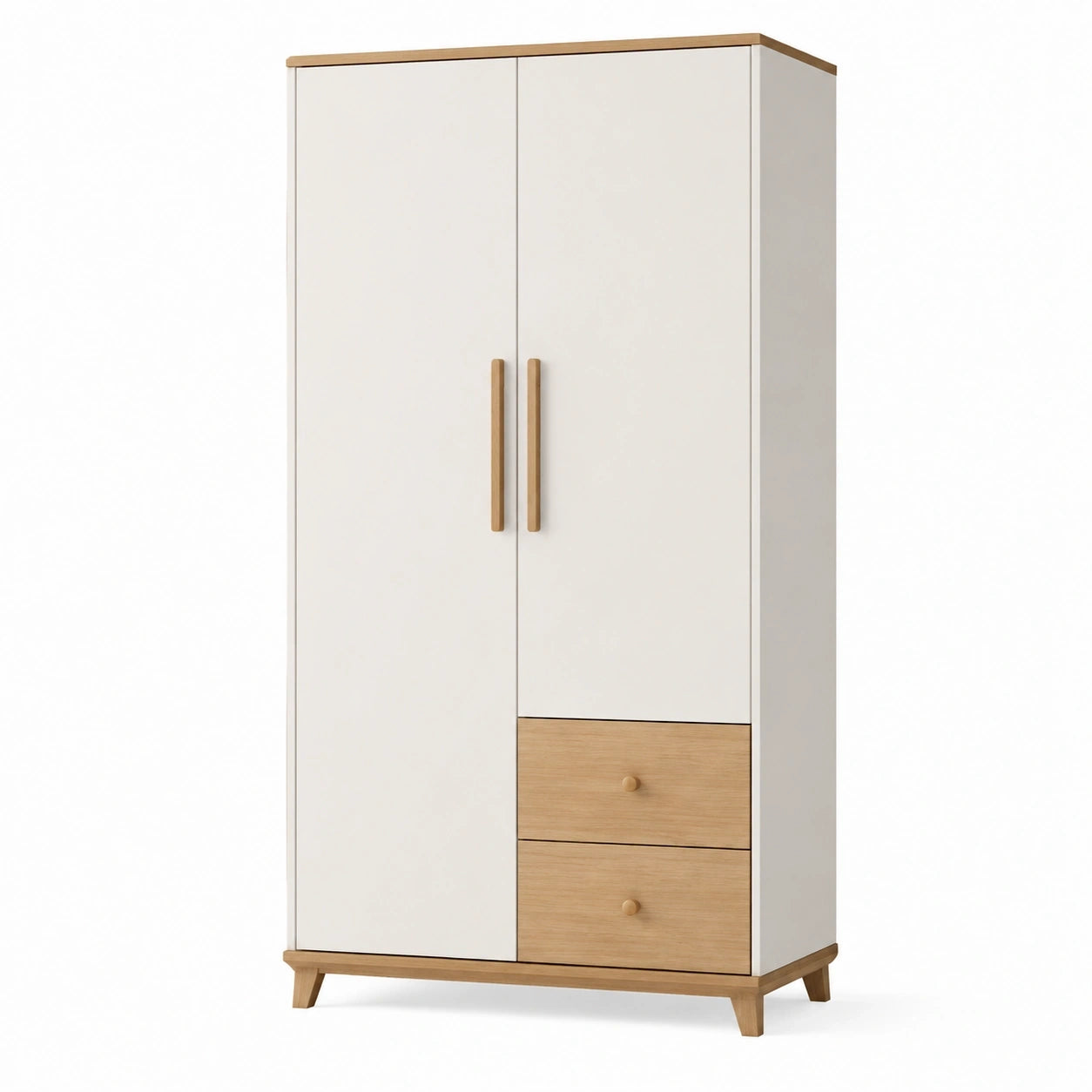 Armoire de rangement 90 x 50 x 180 cm en panneaux de bois blanc et bois clair à 2 portes 2 tiroirs style scandinave