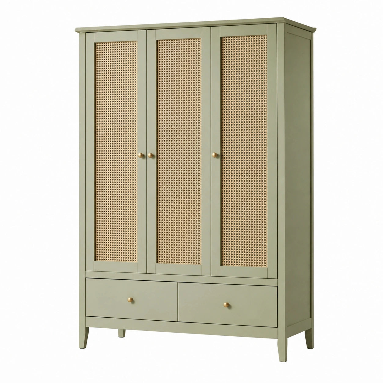 Armoire de rangement 120 x 55 x 190 cm en bois vert sauge avec cannage style naturel