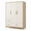 Armoire 3 portes 4 tiroirs 120 x 50 x 200 cm en panneaux de bois blanc/chêne style scandinave