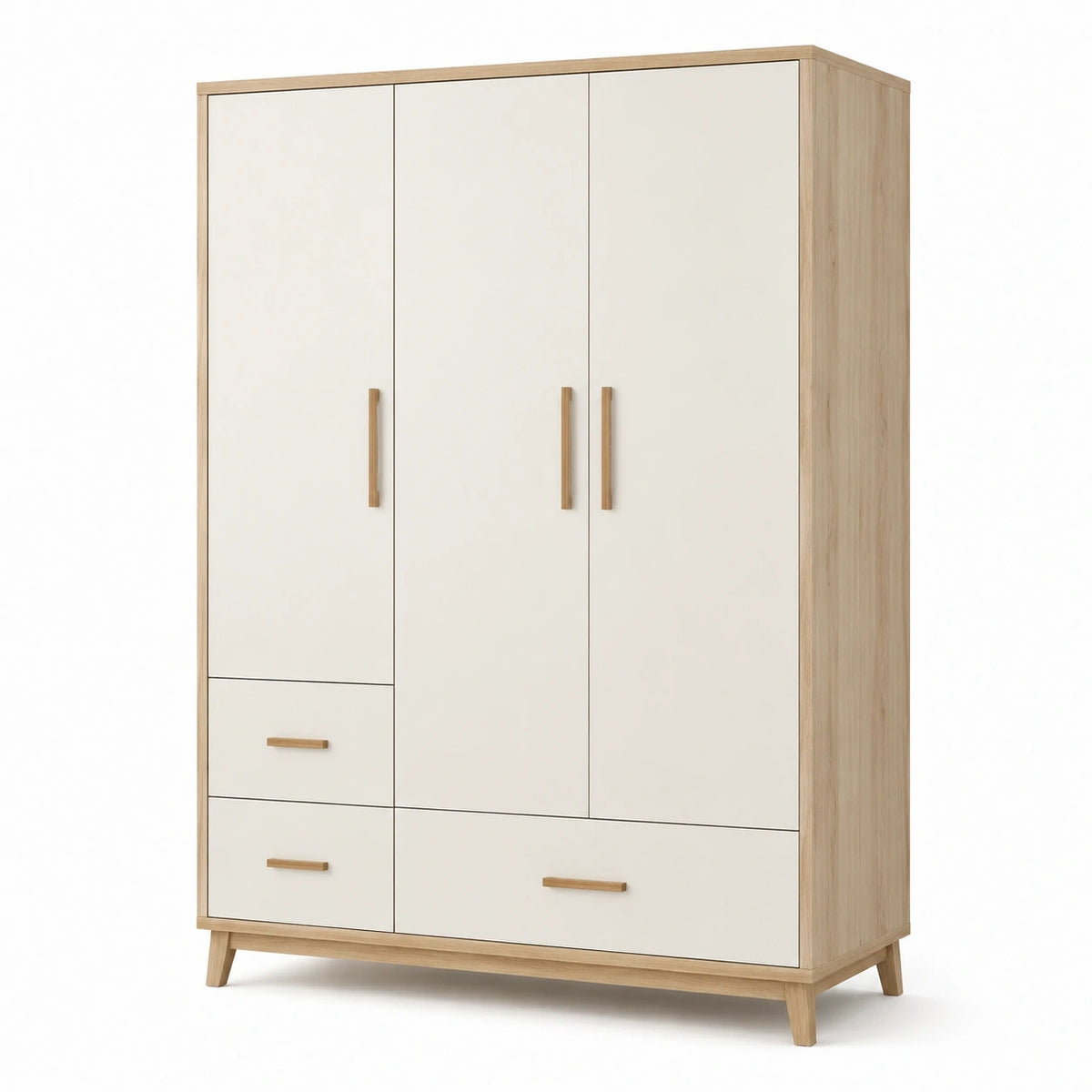 Armoire 3 portes 4 tiroirs 120 x 50 x 200 cm en panneaux de bois blanc/chêne style scandinave