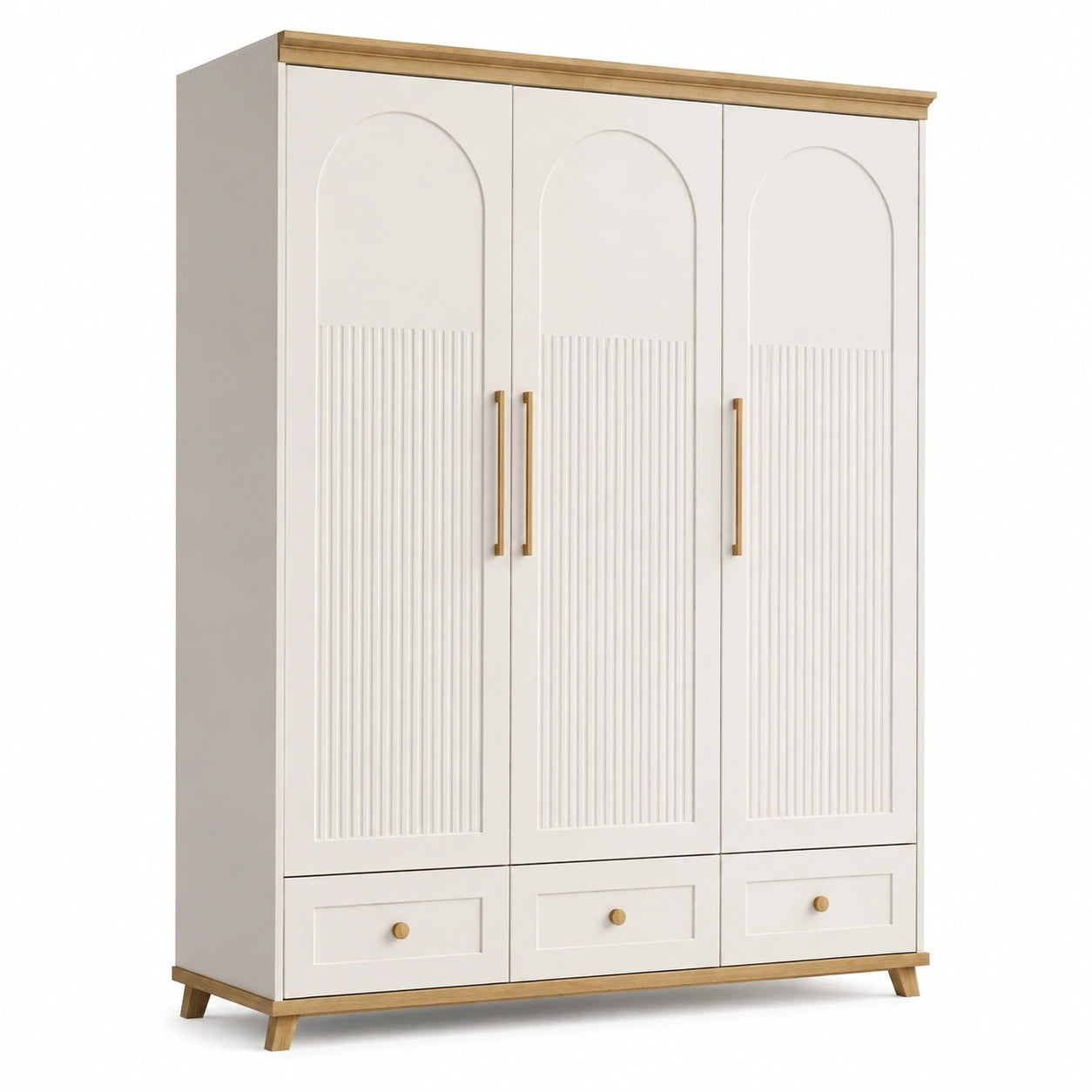 Armoire 3 portes 150 x 55 x 200 cm en bois blanc et naturel avec tiroirs style contemporain