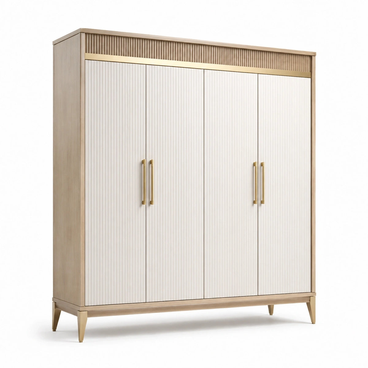 Armoire 4 portes 160 x 60 x 200 cm en panneaux de bois blanc beige rainurée contemporaine
