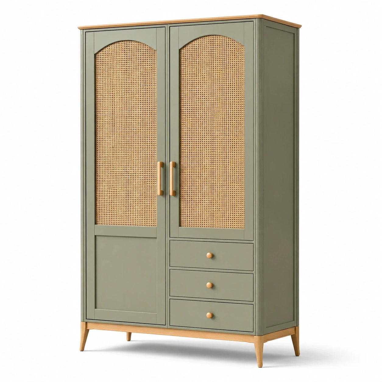 Armoire de rangement 100 x 50 x 180 cm en bois vert olive avec cannage portes et tiroirs