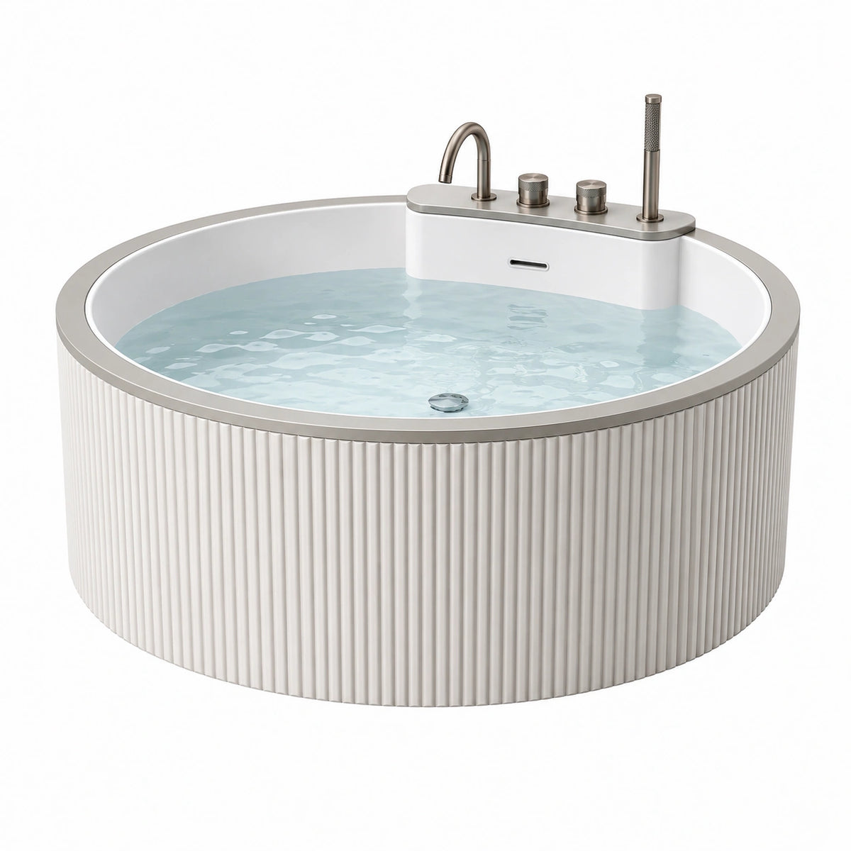 Baignoire îlot ronde diamètre 150 cm acrylique blanche avec robinetterie métal style contemporain